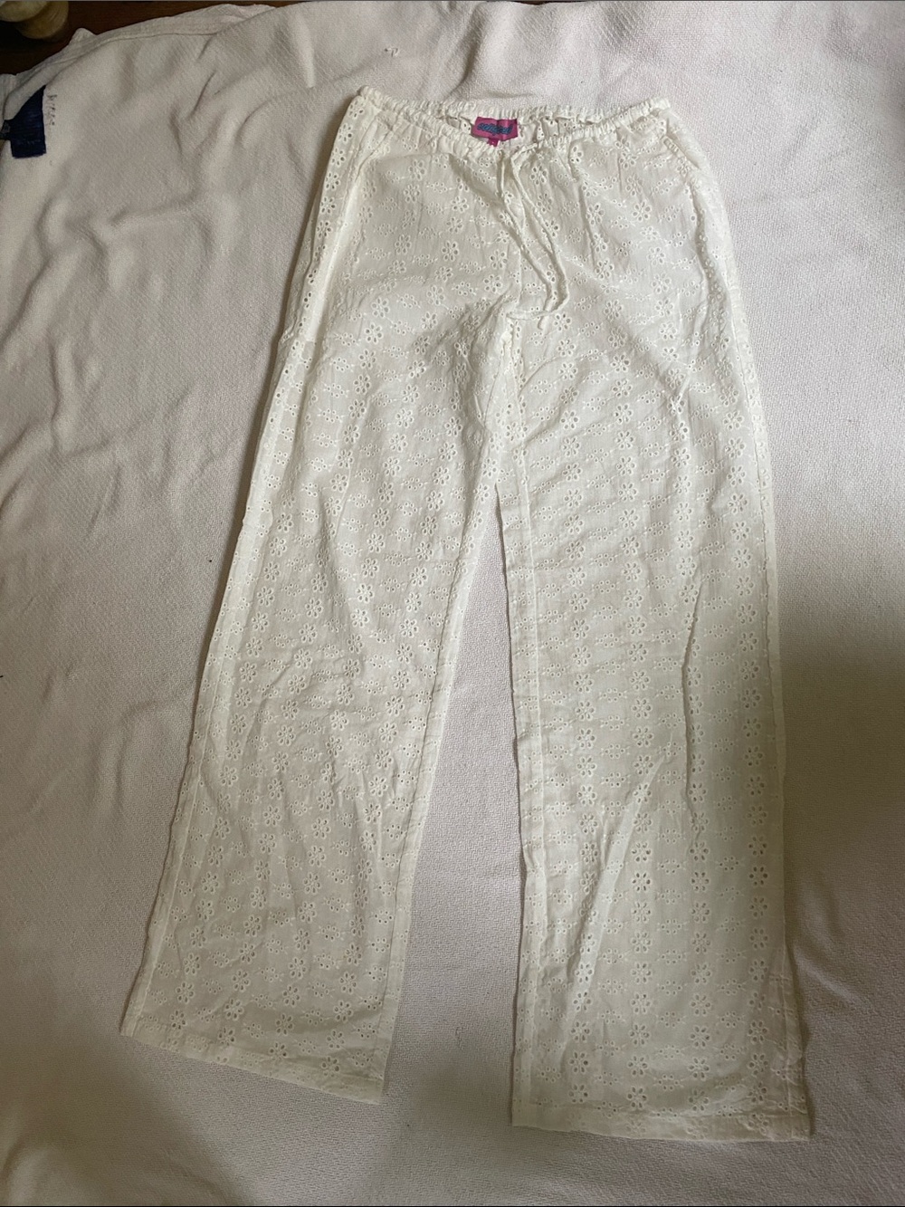 Edikted White Eyelet Wide-Leg Cotton Pants